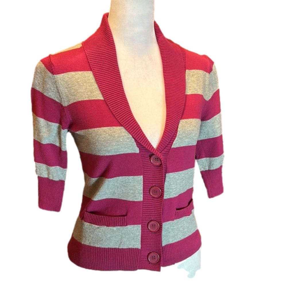ARIZONA Jean Company Adorable Gray & Fuchsia Wide Striped Cardigan Size S